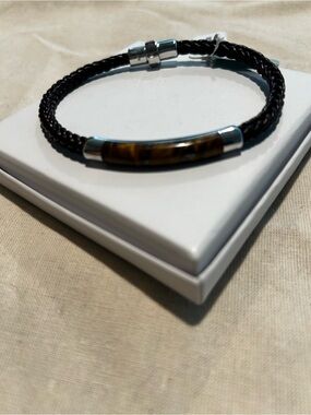 Mens EFFY Sterling SilverTiger Eye Braided Leather Bracelet